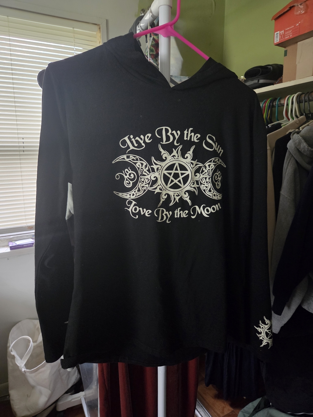 Black Graphic Hooded Long Sleeve Tee - "Live By the Sun, Love By the Moon"